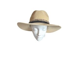 Express Tan Straw Wide Brim‎ Sun Hat Snakeskin Faux Leather fit up to 19-21" @